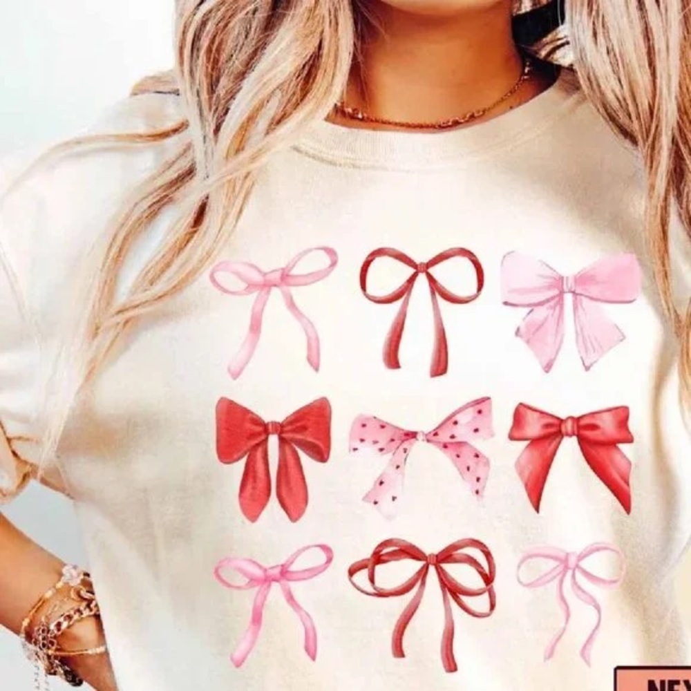 Girls' Cream Shirt with Pink & Red Bow Graphic